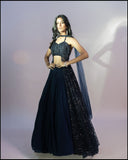 Navy Blue Lacha With Selfie Embroidery And Silk Skirt