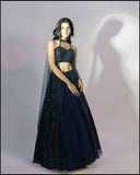 Navy Blue Lacha With Selfie Embroidery And Silk Skirt