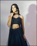 Navy Blue Lacha With Selfie Embroidery And Silk Skirt