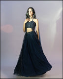 Navy Blue Lacha With Selfie Embroidery And Silk Skirt