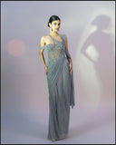 Grey Lycra Fabric Self Embroidered Textured Gown