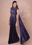 Metallic Navy Blue Saree Gown with Embellished Cape