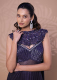 Metallic Navy Blue Saree Gown with Embellished Cape