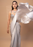 Metallic Grey Pre-Draped Saree with Embellished Blouse