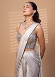 Metallic Grey Pre-Draped Saree with Embellished Blouse
