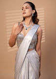 Metallic Grey Pre-Draped Saree with Embellished Blouse