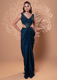 Teal Blue Satin Drape Gown with Bead & Sequin Detailing