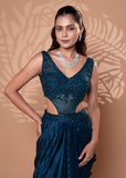 Teal Blue Satin Drape Gown with Bead & Sequin Detailing