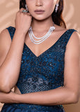 Teal Blue Satin Drape Gown with Bead & Sequin Detailing