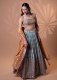 Teal Blue Embroidered Pleated Lehenga Set