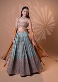 Teal Blue Embroidered Pleated Lehenga Set