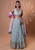 Aqua Blue Printed Embroidered Lehenga Set