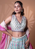 Aqua Blue Printed Embroidered Lehenga Set