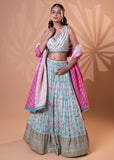 Aqua Blue Printed Embroidered Lehenga Set