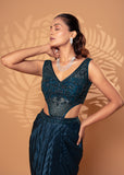 Teal Blue Satin Drape Gown with Bead & Sequin Detailing