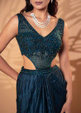 Teal Blue Satin Drape Gown with Bead & Sequin Detailing