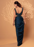 Teal Blue Satin Drape Gown with Bead & Sequin Detailing