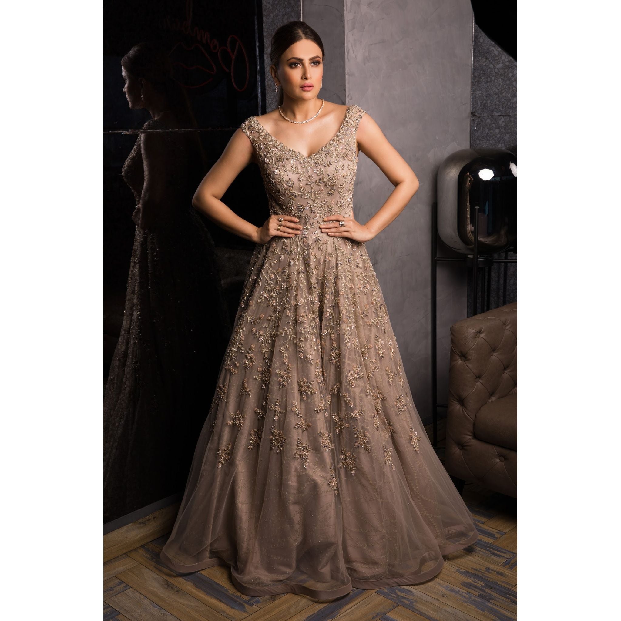 Shimmer ivory and gold anarkali gown – Kuro Clothing India
