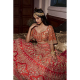 Vermillion Orange Intricate Mughal Embroidered Lehenga Set