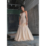 Butter Cream Feathered Shimmer Net Gown