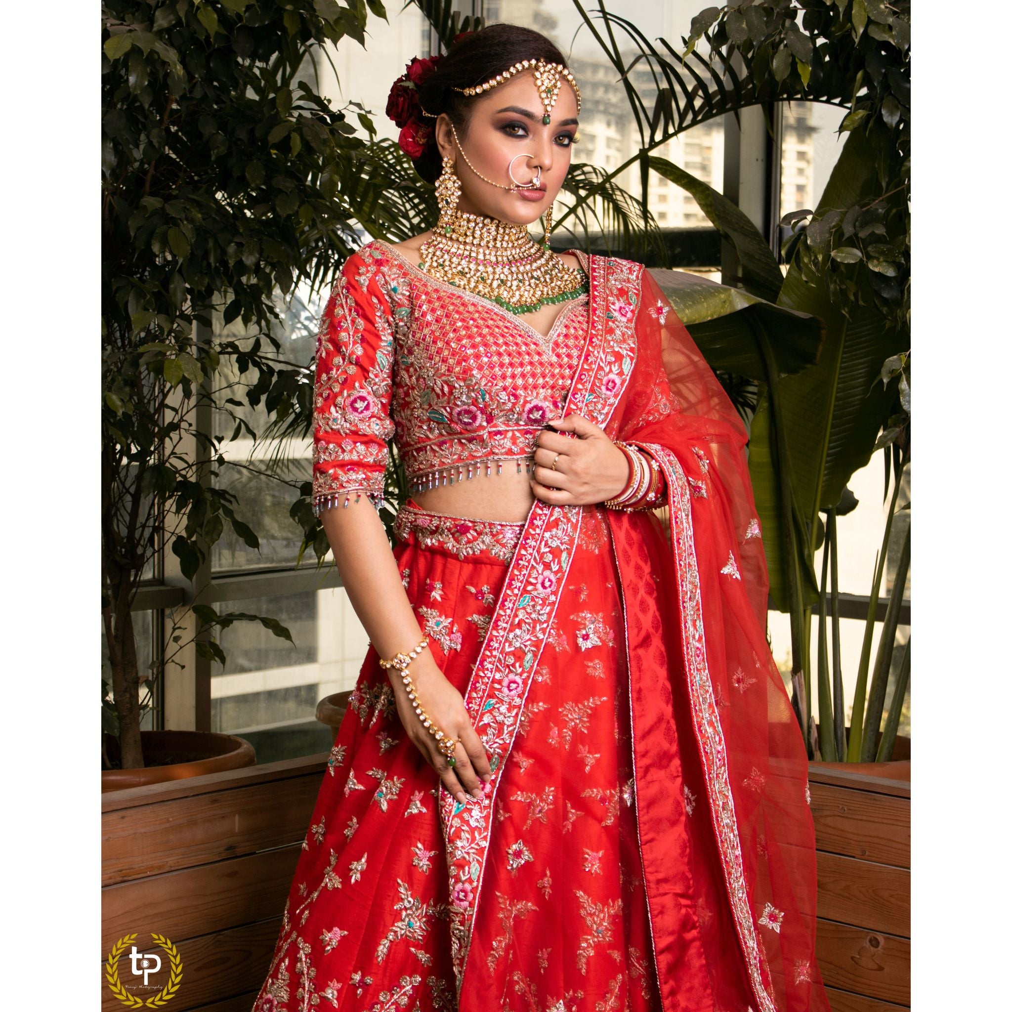Vermillion Red Abstract Red Lehenga Set