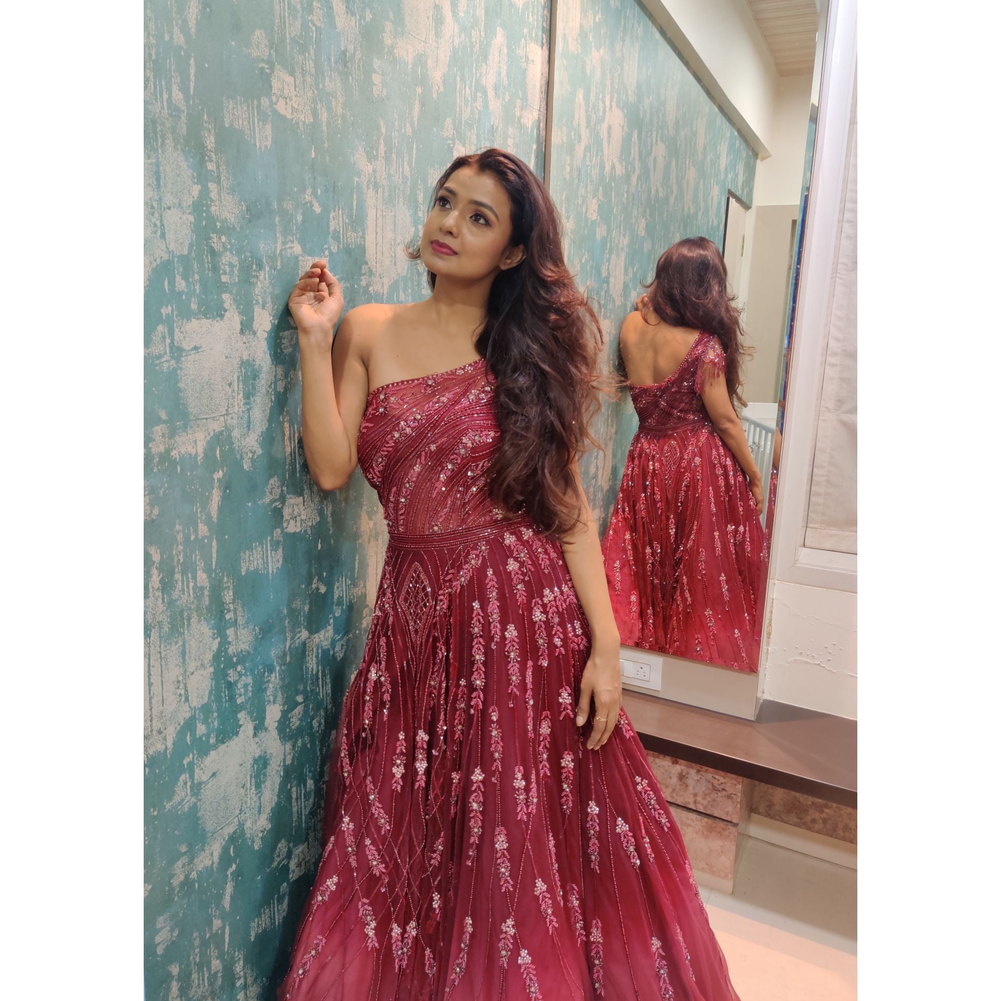 Mayuri Deshmukh - Maroon Ombre Abstract One-Shoulder Gown