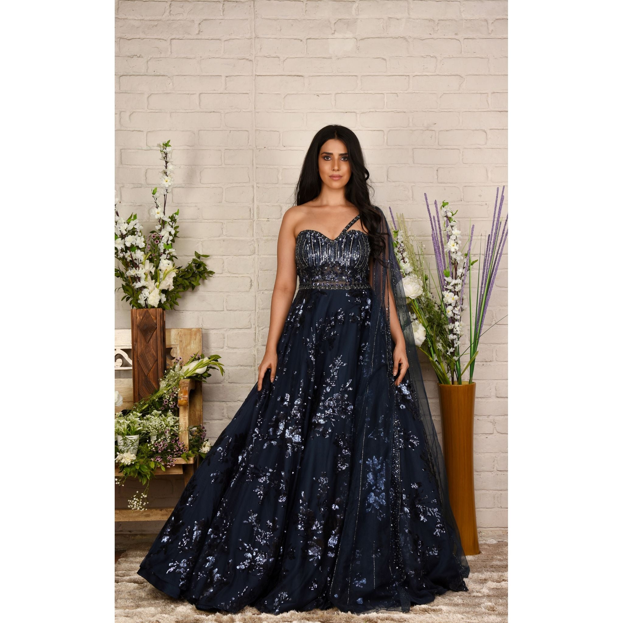 Navy Blue Sequinned One-Shoulder Drape Gown