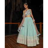 Pastel Blue Multicolored One-Shoulder Lehenga Set