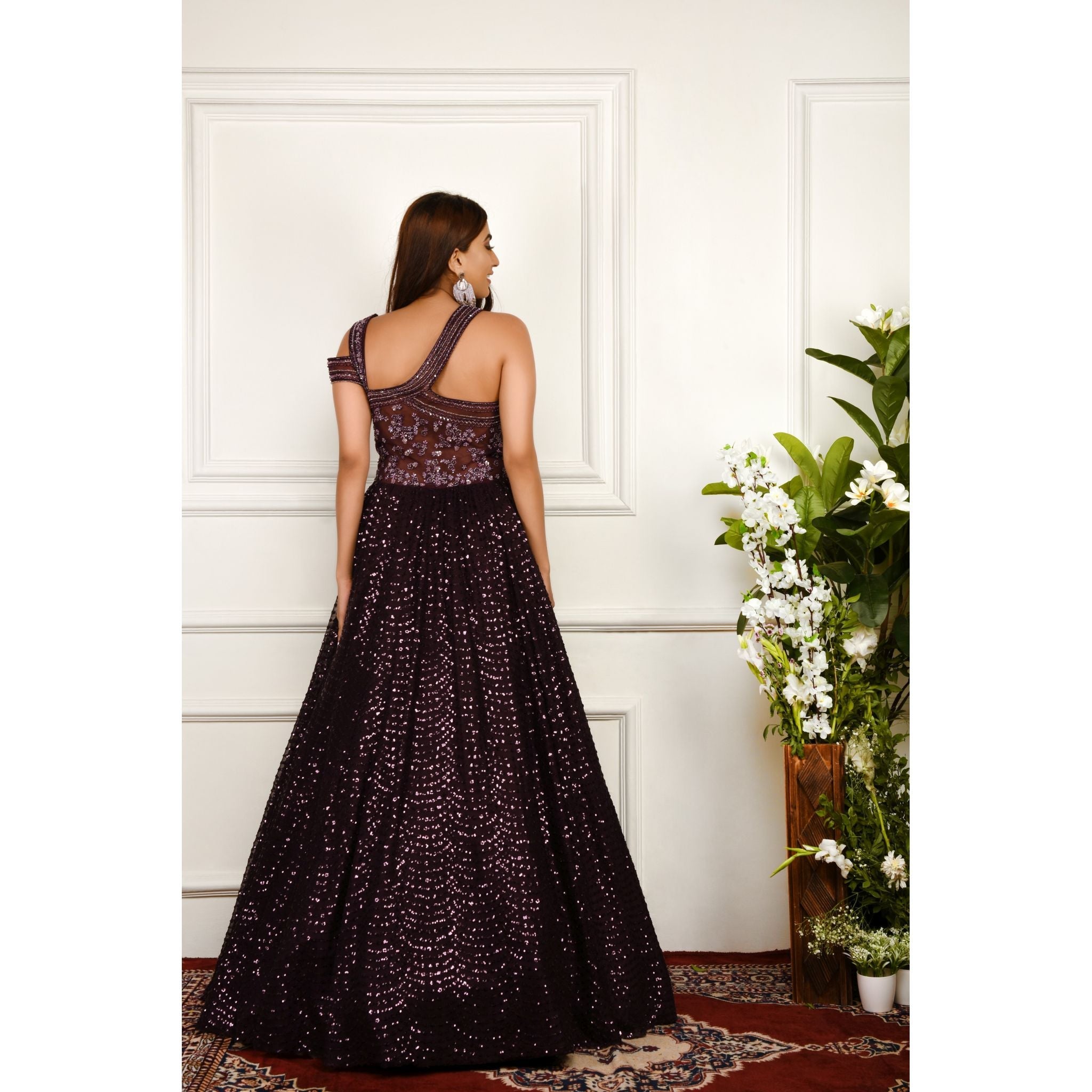 Purple Sequinned One Shoulder Gown