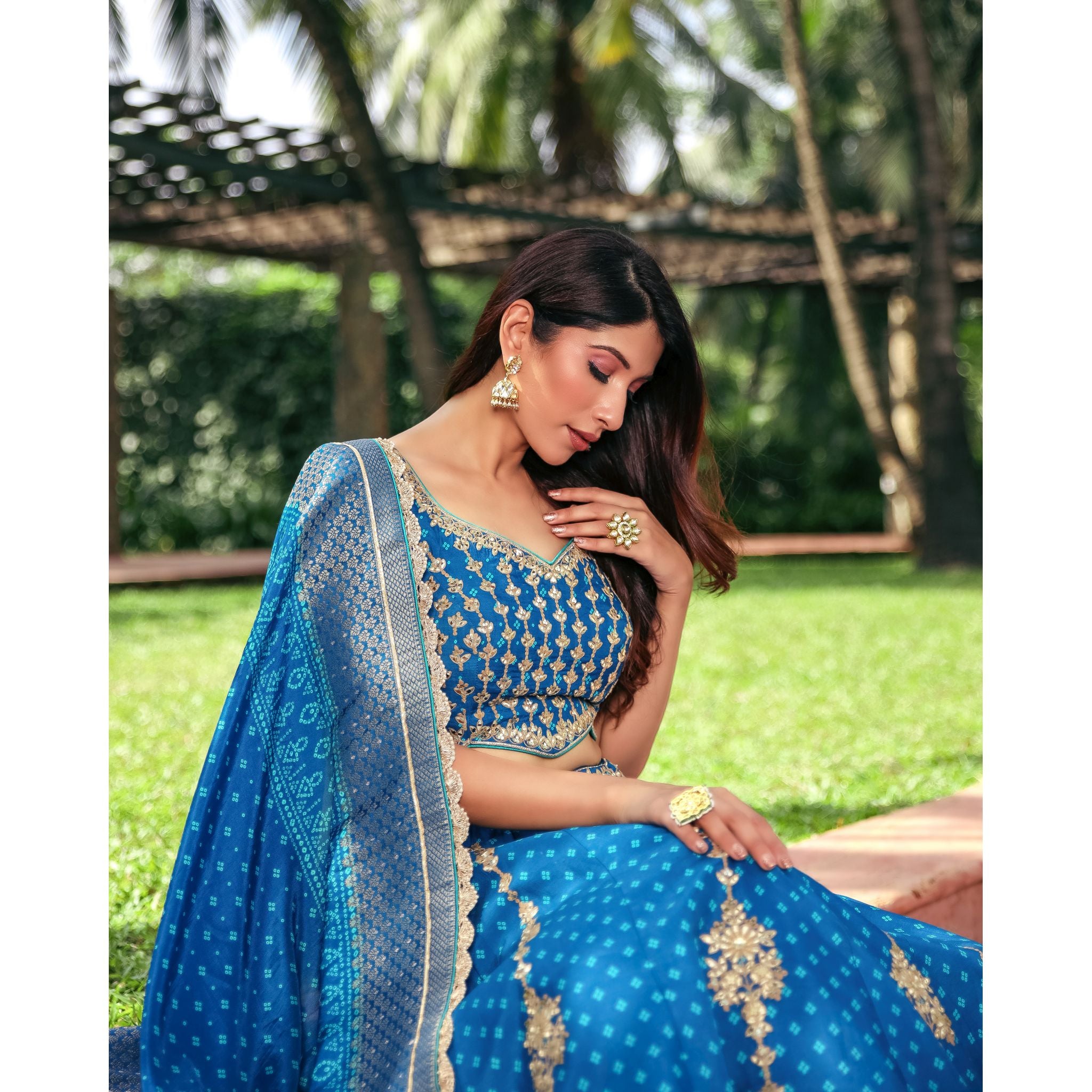 Aneri Vajani - Peacock Blue Bandhani Lehenga Set