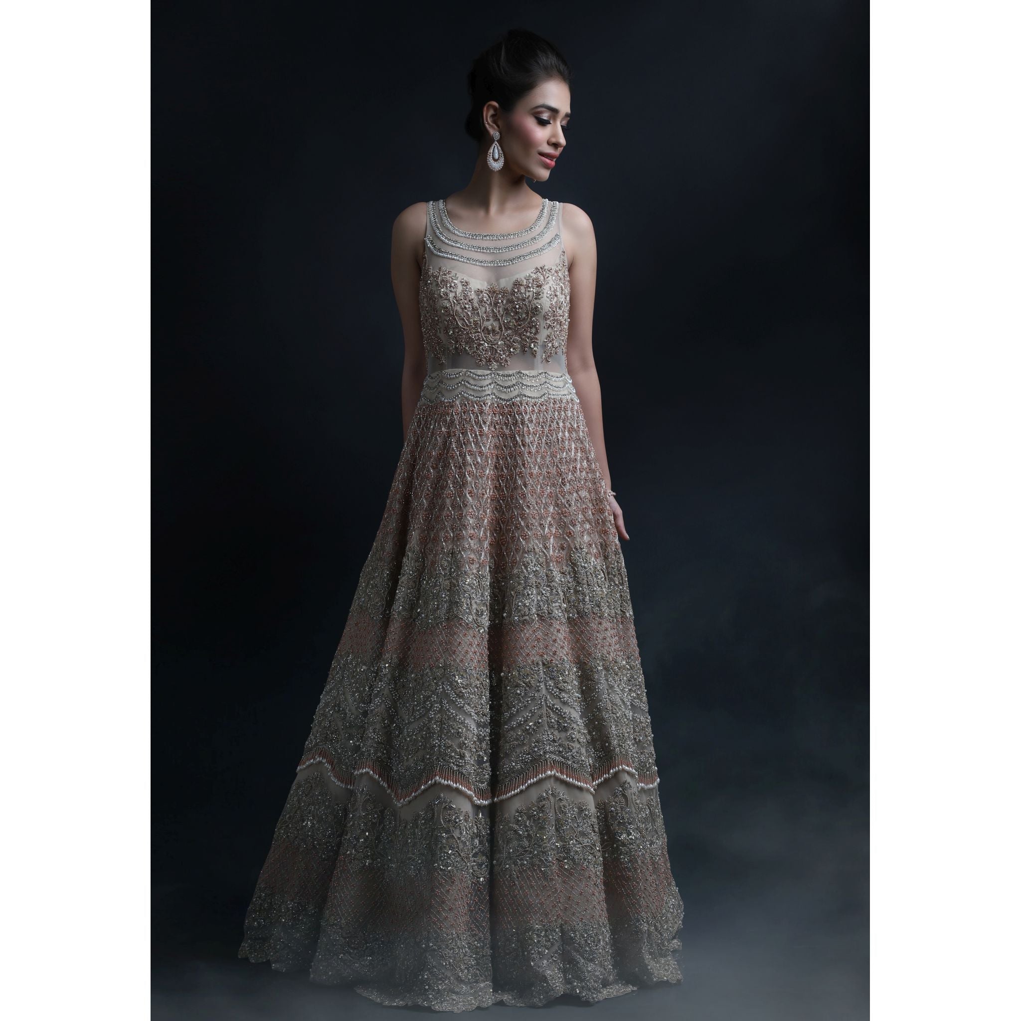 fcity.in - Women Heavy Evening Gown On Net Grey Colour With Flower Pattern