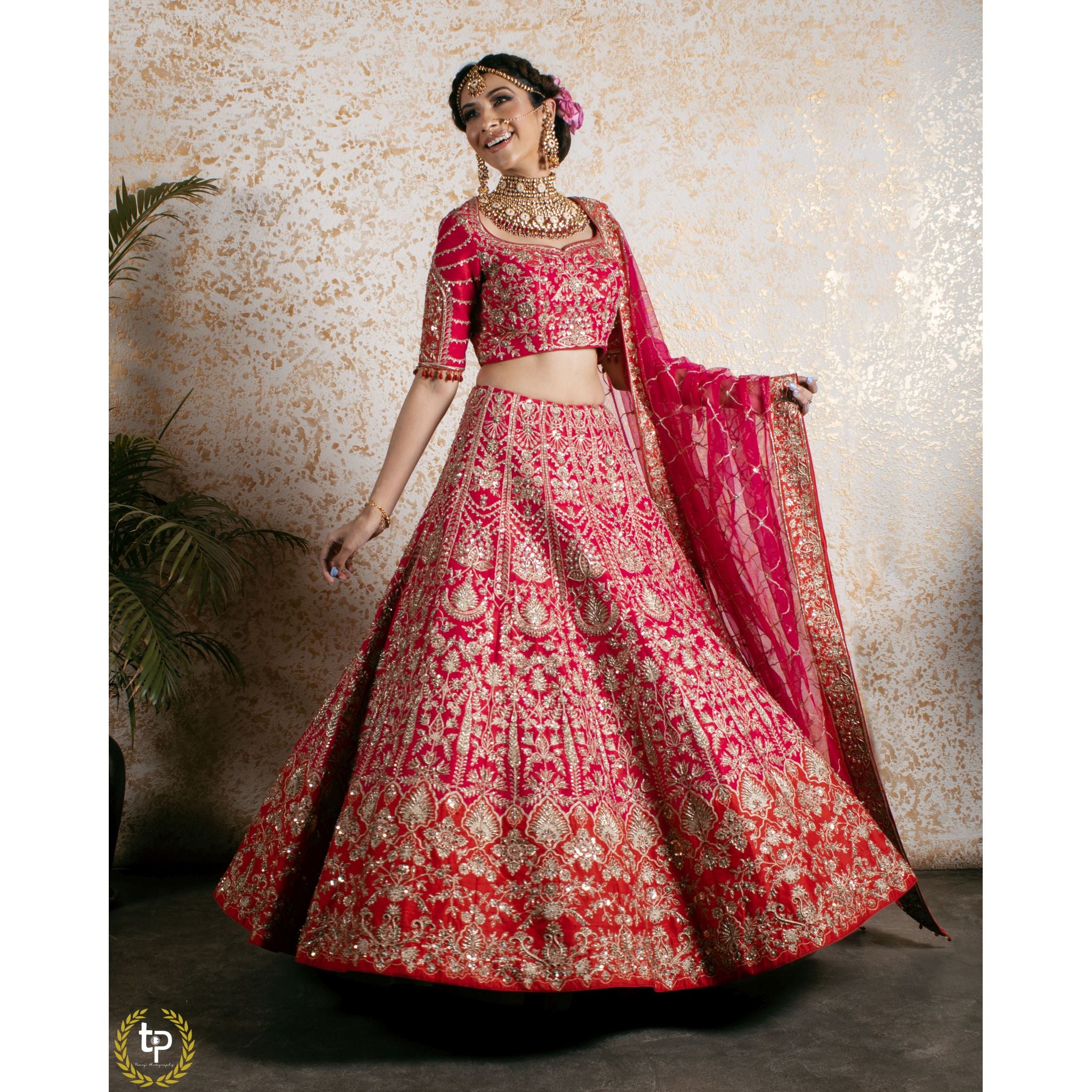 Cerise Pink And Red Abstract Nature Lehenga Set