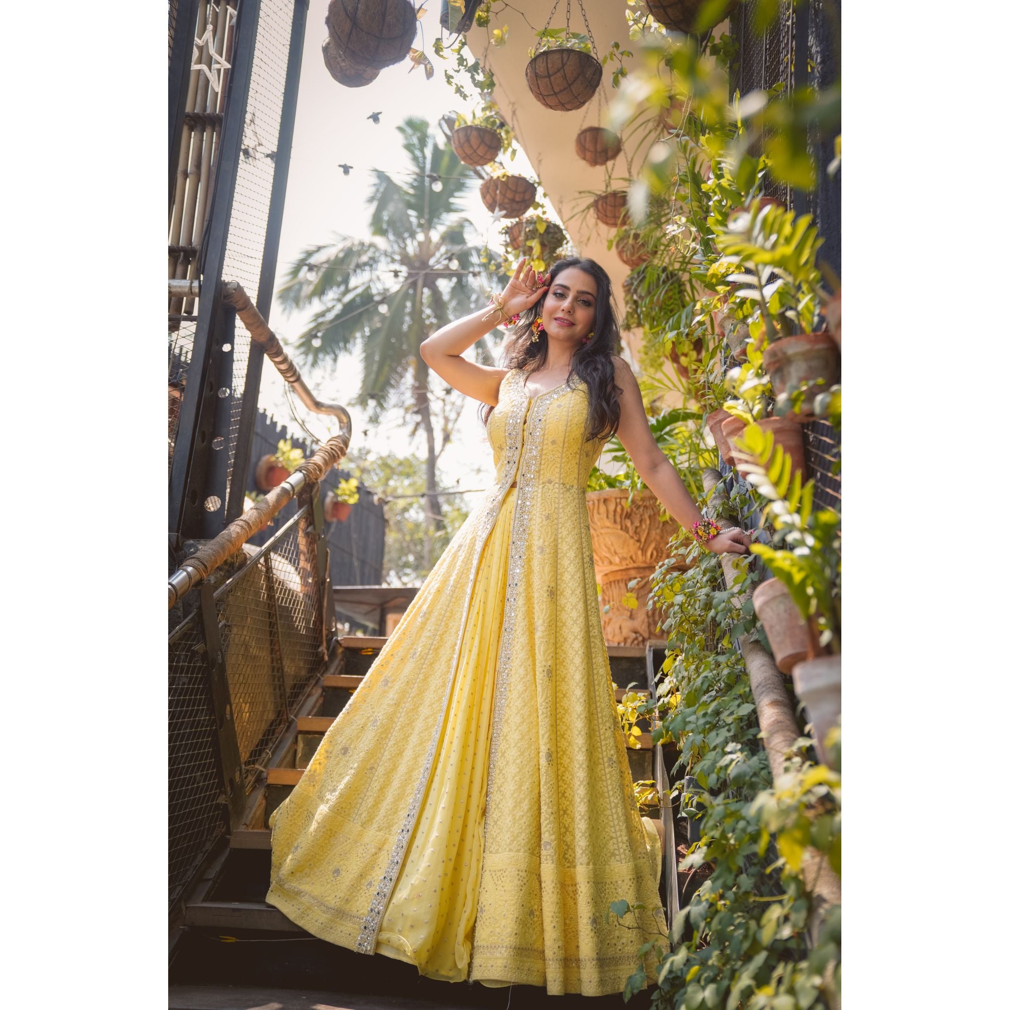 Yellow Lucknowi Anarkali Lehenga Set