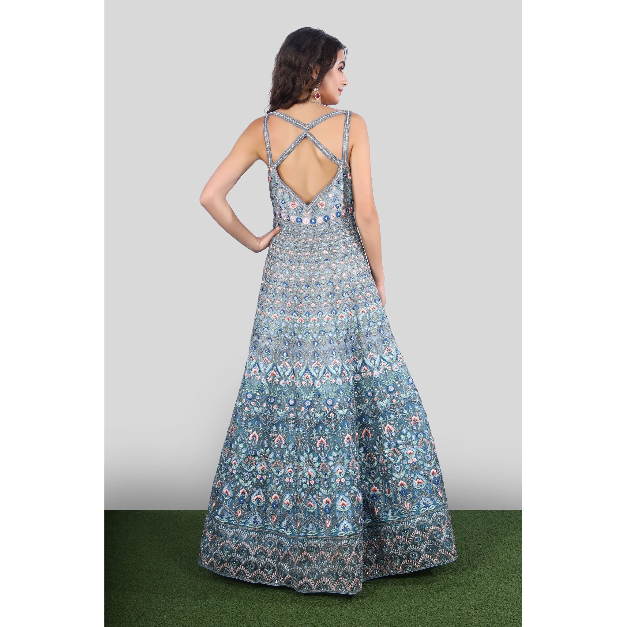 Blue Multi-Colored Mughal Floral Gown